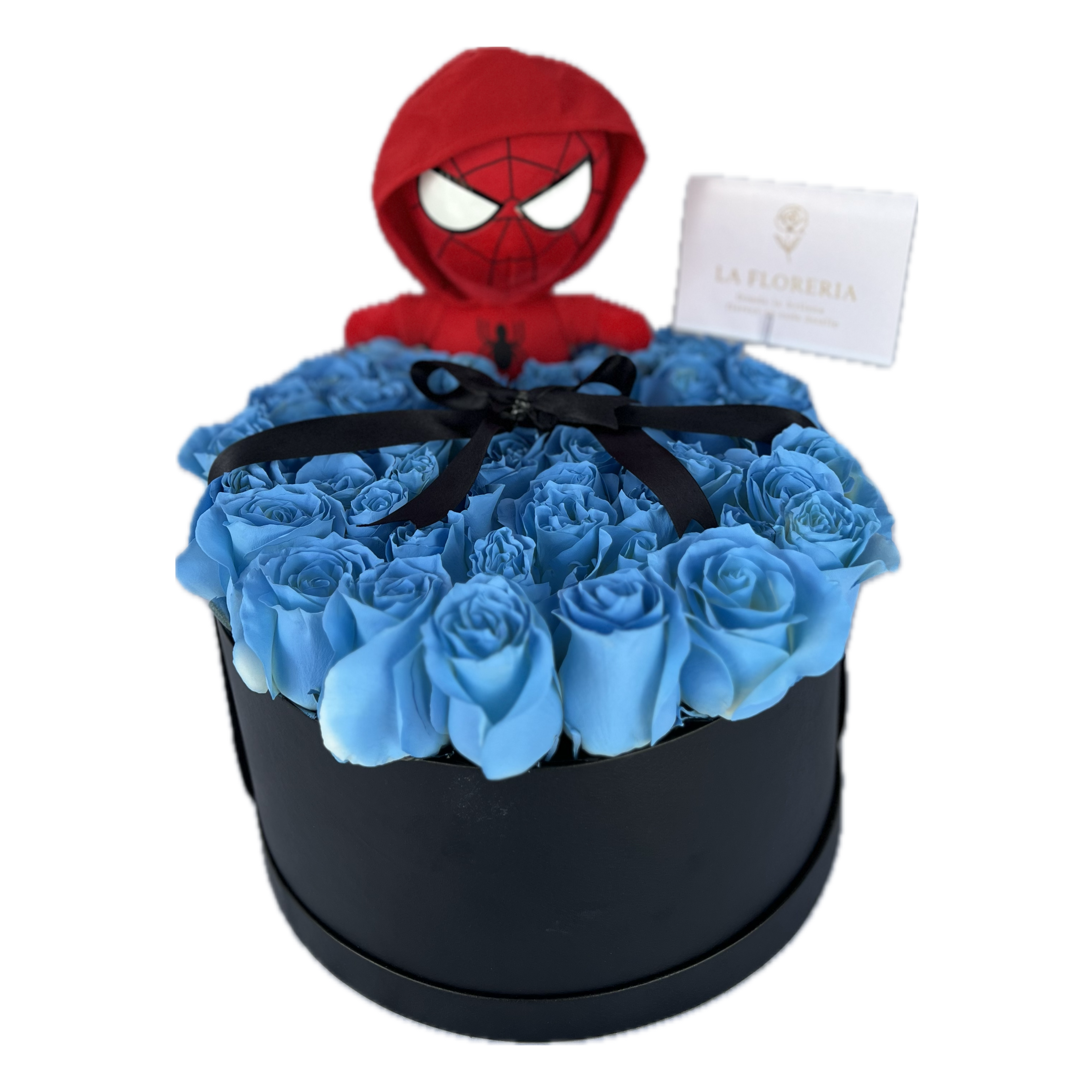 Caja de Rosas Azules con Peluche de Spiderman